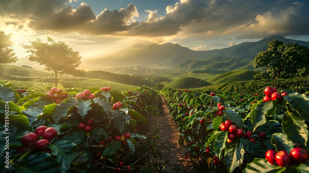 Poster sun shining through clouds over coffee bean field. generative ai