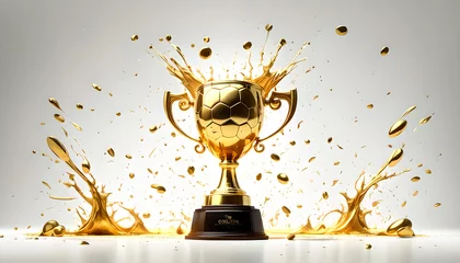 Foto op Plexiglas Goldener Fußball Pokal Sieg Bundesliga gewinnen dynamisch bewegt durch Spritzer aus flüssigem Gold strahlende Sieger Champions League Meisterschaft Europa Ball Tor Cup Sport Erfolg © www.barfuss-junge.de