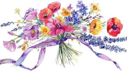 watercolor flower bouquet with a whimsical mix of wildflowers, including daisies, poppies, and lavender, tied together with a flowing ribbon  