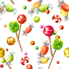 Sweet Candies.  Hand drawn watercolor seamless pattern isolated on white background