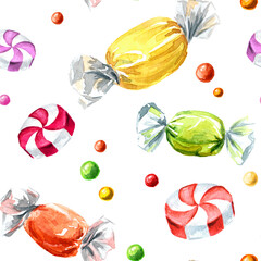 Sweet Candies. Hand drawn watercolor seamless pattern isolated on white background - 781900456