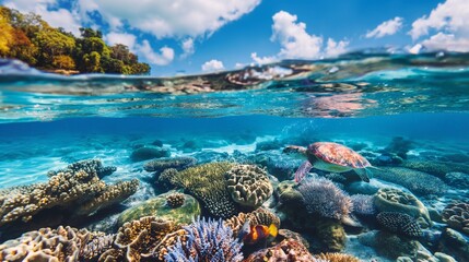 Obraz premium beautiful incredible view of the underwater world of the oceans. sea turtle swims freely over colorful coral reefs