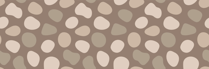 Pebble stone vector seamless pattern. Organic shape blobs in neutral brown colors. Earth tone rounded cobblestone shapes repeat texture. Boho style aesthetic minimal gravel backdrop