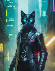 サイバーパンクな猫 猫人 繁華街に立つ バウンティーハンター