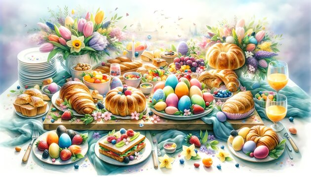 Watercolor Painting of Easter Brunch Board