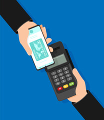 Credit card in phone and pos terminal. NFC pay. Vector flat illustration
