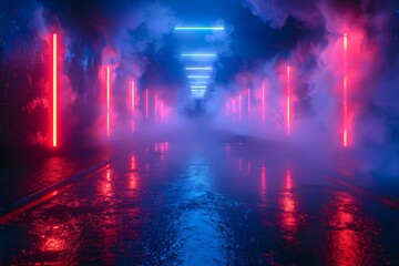 Neon-Lit Urban Passage: A Mystical Midnight Walk. Concept Neon Lighting, Urban Environment, Midnight Atmosphere, Mystical Vibes, Night Photography