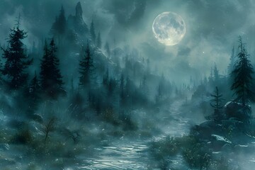Mystical Moonlit Path to the Enchanted Castle. Concept Fantasy, Moonlight, Enchanted Castle, Mystical, Path