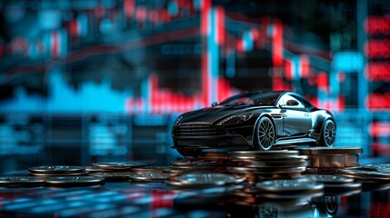 A luxury sports car superimposed on glowing financial market data charts. - obrazy, fototapety, plakaty