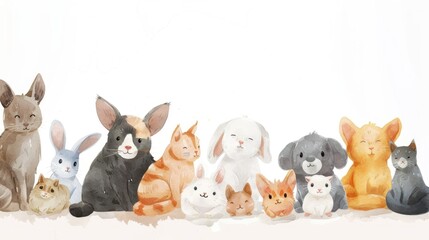 whimsical illustration featuring a diverse group of domestic animals â€“ from cats and dogs to rabbits  
