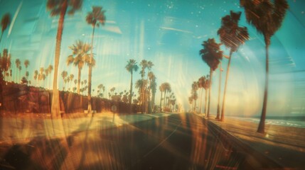 Retro-styled image of palm trees lining a sunny Californian boulevard with a vintage filter effect. - obrazy, fototapety, plakaty