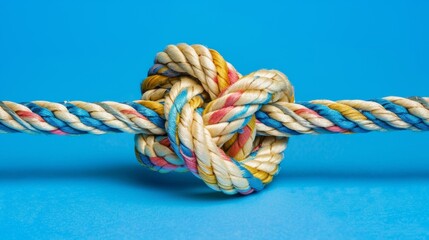 Vibrant multicolored rope tied in a complex knot against a solid blue background, representing challenge and complexity.