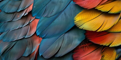 A close-up of a vibrant array of multicolored parrot feathers, showcasing texture and natural beauty.