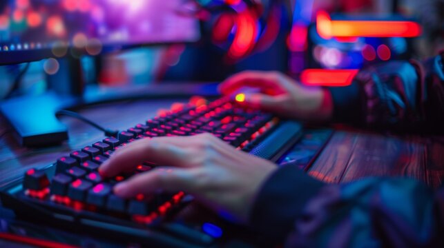 A person's hands on a backlit gaming keyboard, part of a vibrant and illuminated PC gaming setup in a dark room.