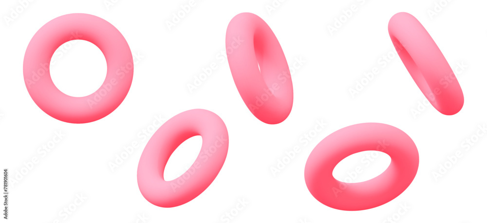 Poster 3d set of pink torus symbol or icon with different angles. geometry figure tor form. stock vector il