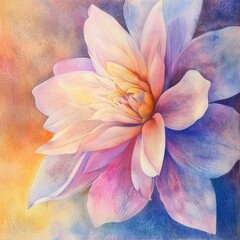 Closeup watercolor flower, handrendered in pastels, with a focus on peaceful color transitions