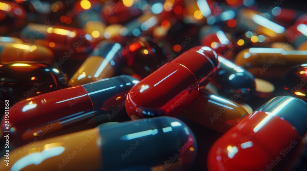 Poster a macro shot of colorful medication capsules scattered with selective focus.
