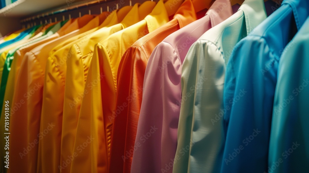 Poster an array of satin shirts in a spectrum of colors neatly displayed on hangers in a clothing store.