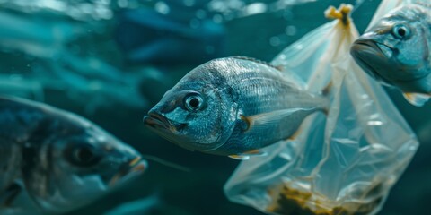 A distressed fish inside a plastic bag highlighting ocean pollution issues.