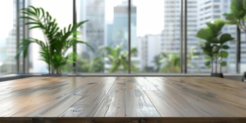 Wooden tabletop against a blurred cityscape with green plants in the foreground.