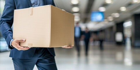 A businessman in a suit carrying a cardboard box through a corporate hallway.