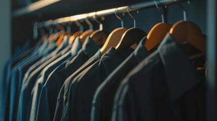Elegant dark blue suits hanging in a row on wooden hangers, fashion and retail concept.