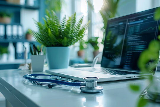 Close Up A Medical Doctor Stethoscope On The Digital Tablet On The Table. AI Generative