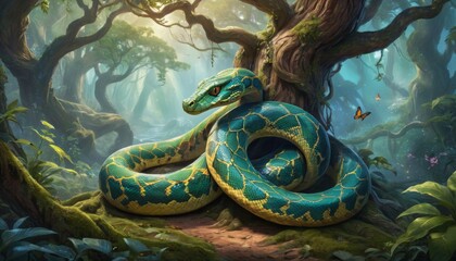 An emerald python coils within a dense forest, its scales a mosaic of green that camouflages it among the foliage. AI Generation - obrazy, fototapety, plakaty