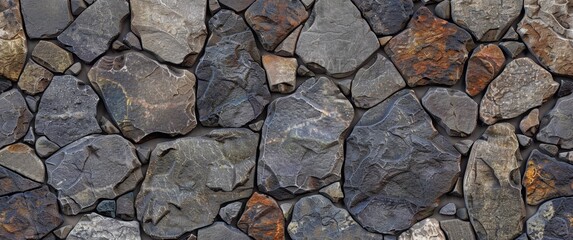 Fototapeta premium Stones and rocks on the wall. Stone background. Colorful stone wall background with natural rock texture. Top view of rough grey and brown decorative granite rocks in an outdoor landscape design.
