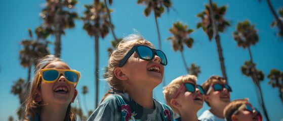 Group of child wearing solar eclipse glasses, smiling couple and their child build sandcastles on a sunny beach during their summer vacation - Powered by Adobe