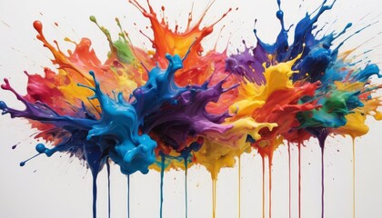 An exuberant splatter of multi-colored paint creates a lively and abstract artistic expression on a white backdrop.. AI Generation - obrazy, fototapety, plakaty