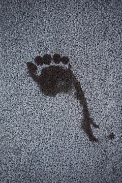 a wet foot print on a grey concrete ground