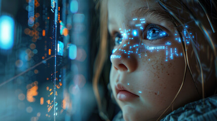 Portrait of a futuristic android baby with advanced technology data overlay
