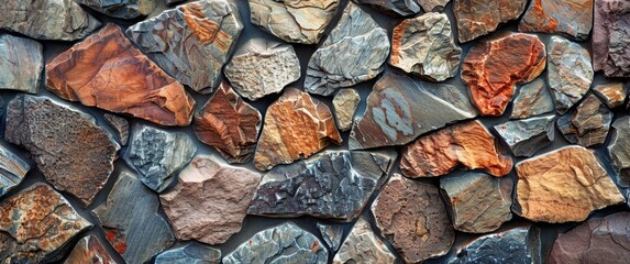 Stones and rocks on the wall. Stone background. Colorful stone wall background with natural rock texture. Top view of rough grey and brown decorative granite rocks in an outdoor landscape design.