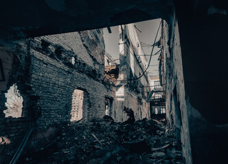 destroyed and burned houses in the city Russia Ukraine war
