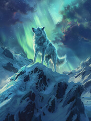 a wolf howling at the moon with northern lights