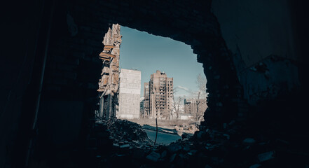 destroyed and burned houses in the city Russia Ukraine war