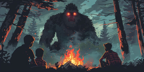 Young school boys telling scary campfire stories with a bigfoot watching from the dark woods. Summer camp scary sasquatch story. - obrazy, fototapety, plakaty