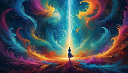 A surreal artwork featuring a silhouette against a swirling backdrop of fiery and aquatic colors, symbolizing the convergence of opposite forces. AI Generation