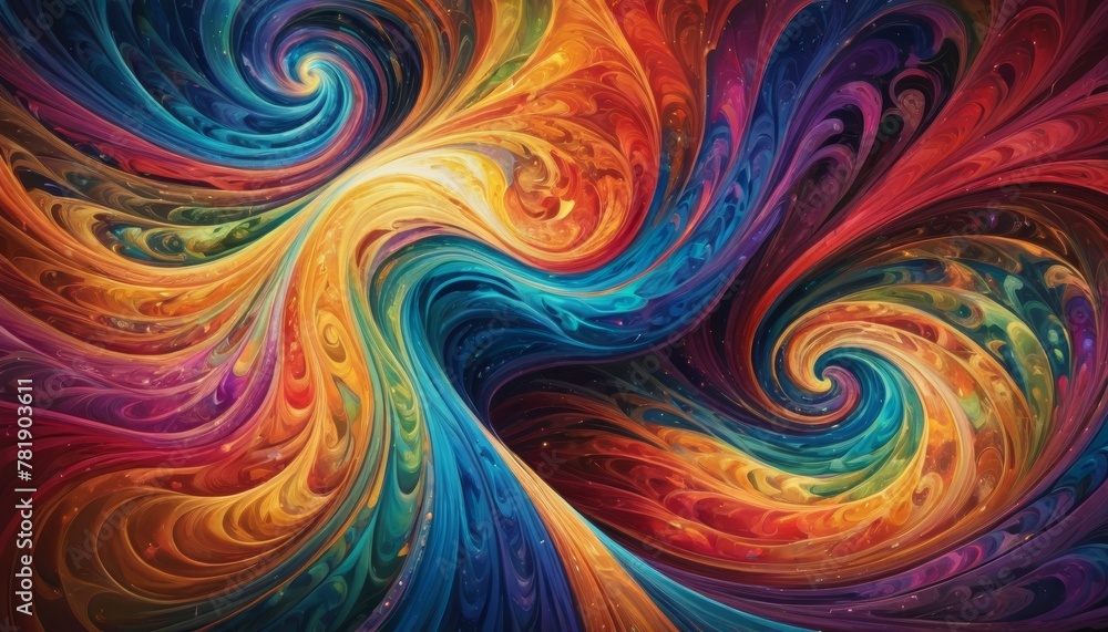Poster an abstract portrayal of vibrant hues intertwining in a dance of color and form, suggestive of a psy