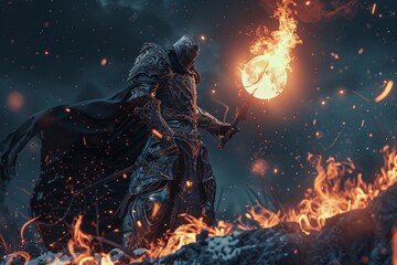 Enchanted warrior wielding a mystical fire orb, with a backdrop of flames and starry night - obrazy, fototapety, plakaty
