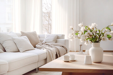 Fototapeta na wymiar Close up vase with flowers on coffee table near white sofa against window. Scandinavian interior design of modern living room, home.