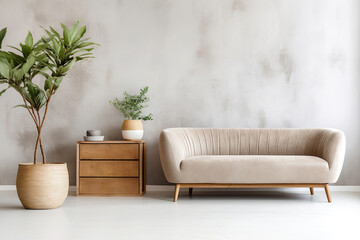 Beige velvet sofa and wooden cabinet, pot with home plant against stucco wall with copy space. Scandinavian interior design of modern living room, home.