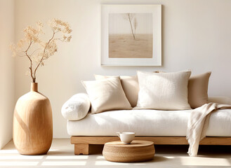 Fototapeta na wymiar Boho interior design of modern living room, home. Sofa with beige pillows and vase with branch against wall with poster frame.