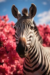 Fototapeta premium a zebra standing next to a pink flower