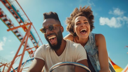 emotional happy black couple on a roller coaster laughing and screaming. cool fun to create a fun vibe during the holidays