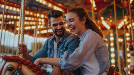 a fun city fair with beautiful carousels on which a man and a woman ride, experiencing emotions of happiness and relaxation, forgetting about all problems
