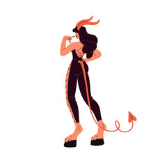 Sexy devil Halloween costume. Seductive woman in leather demon suit with horns, tail, hooves. Cosplay of horny evil for masquerade, carnival. Flat isolated vector illustration on white background