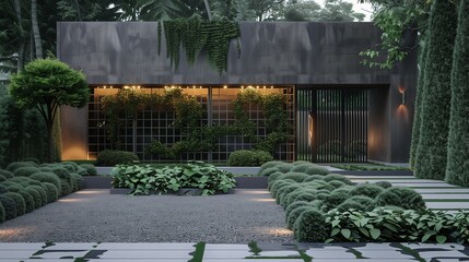 A contemporary villa entrance with a minimalist steel gate and geometric landscaping.
