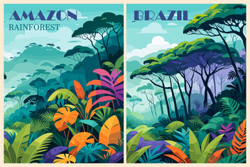 Set of Brazil Travel Destination Posters in retro style. Amazon tropical rainforest digital prints. Exotic summer vacation, holidays concept. Vintage vector colorful illustrations.